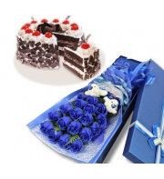 24 blue roses with black forest cake