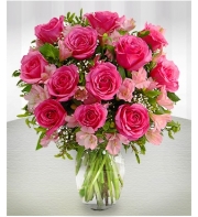 12 Pink Roses and Pink Gerberas in Vase