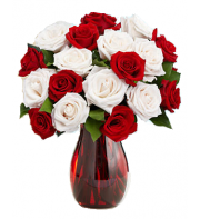 9 Red & 9 White Roses in Vase