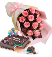 12 Pink Roses in Bouquer with Dedication Cake