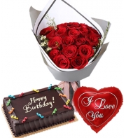 12 Red Roses Bouquet,Balloon with Cake Send to Philippines