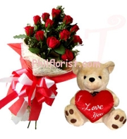 12 red roses in bouquet and bear with pillow send to philippines