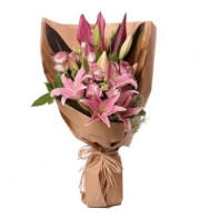 6 Pink Lilies with 6 Roses in a Bouquet