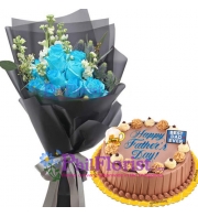 12 Blue Roses with Chocolate Dedication Cake