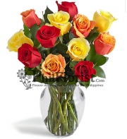 12 Mxied Roses in Vase