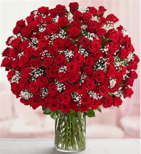 99 Red Roses in Vase with Greenery