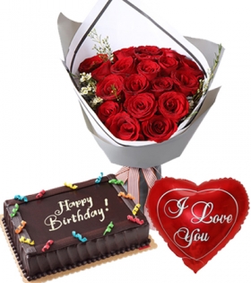 12 Red Roses Bouquet,Balloon with Cake Send to Philippines